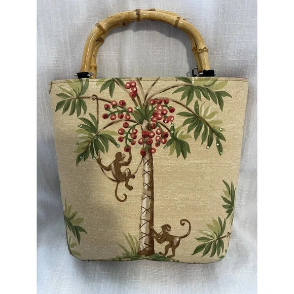 Vintage Embellished Monkey and Palm Tree Bucket Bag Style Purse - Picture 1 of 8